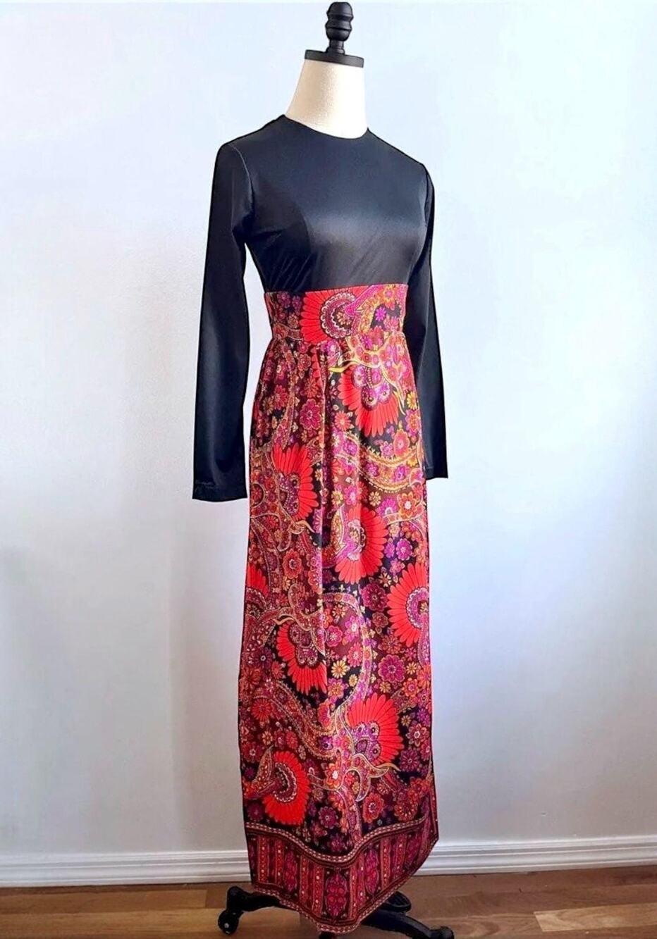 Vintage 60s Psychedelic Empire Waist Maxi Dress | Mod Floral Paisley |XS